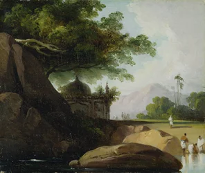 Indische Landschaft mit Tempel, um 1815